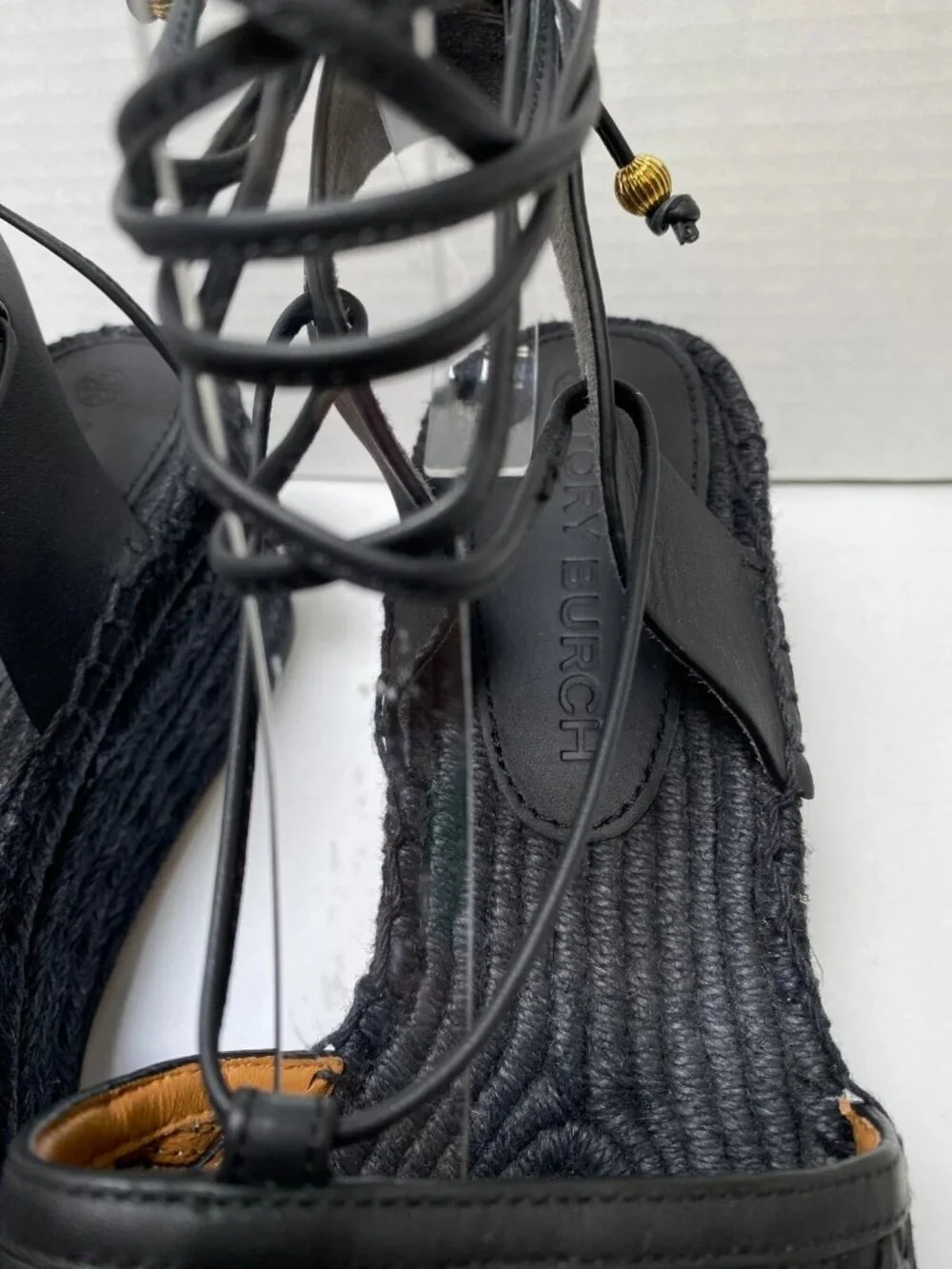 Tory Burch Women's Weave Strappy Lace up Black Espadrille Wedge Sz 11